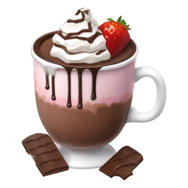 hot chocolate with mug and whip cream and chocolate drizzle and pale pink strawberry sticker