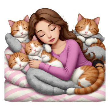 girl with long wavy brown hair, brown eyes, long lashes makeup, sexy pink lips, light to medium complexion,  sleeping on a cozy pillow, with 6 cats: 1 brown and white tabby cat, 1 ginger and white, 2 grey and white, 1 grey has white mittens and small white patch on its chest and 1 calico, sleeping sticker