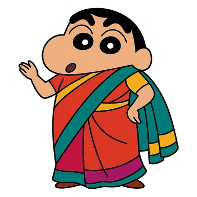 Shinchan character wearing a colorful saree, cartoon style sticker