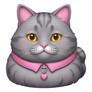 A fat grey cat with a pink collar sticker