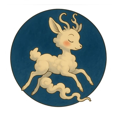 Create a Ghibli-style vanilla cloud doe with rosy cheeks, floating with witch-like grace, placed inside a circular badge for social media brand identity. Keep the background transparent outside the badge. sticker