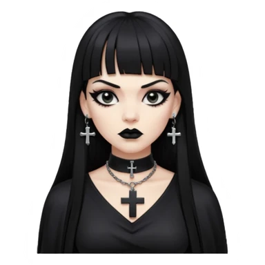 vampira parda com cabelo preto longo e liso e franja, olhos pretos, brincos em formato de cruz, choker em formato de cruz, roupa preta com decote nos seios, batom preto e séria sticker