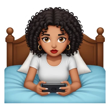Brown-skinned teenage girl with curly black hair lying on bed looking at phone, heavy makeup, big lips, crop top, choni style sticker