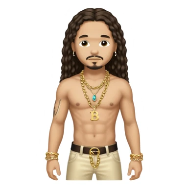 Bizzy Bone with long dark brown hair, light tan skin, shirtless with necklace, metallic cream pants sticker