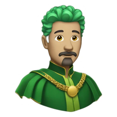 man with green hair green suit and large green top with gold strip hat goatee green cape sticker