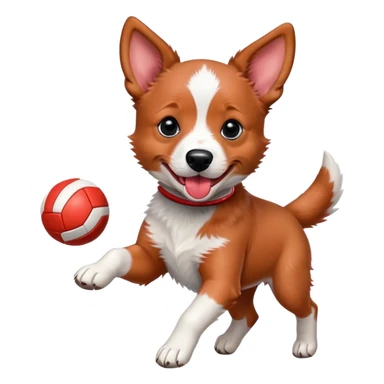 Playful red heeler puppy with tongue out, running with a ball sticker
