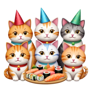 nine cats eating sushi at a birthday party sticker