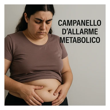 close-up of a woman with PCOS looking at her belly with one hand, visible fat accumulation, serious expression, neutral background, Italian text: 'Campanello d’allarme metabolico', 4K quality sticker