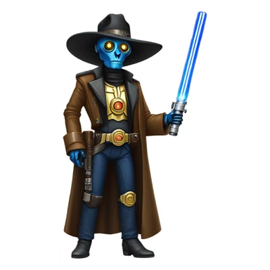 mean bounty hunter tarnished undercover tough well-equipped Jedi  life-sized darkblue-pearl C3po leather vest clothing pants and vest old west duster coat holding light saber sheriff holstered gun hat sticker