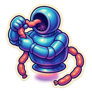 hovering robot. stuffs material into large hole on its top with 2 arms. no head. hole is where a head would be. spinning gears and blades in hole grind material. sausage links come our of hole on backside.  3/4 view. between realism and cartoon. well lit. no dramatic lighting. metallic shiny robot. works diligently. dark humor sticker