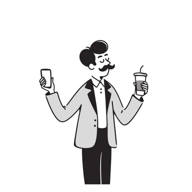 Wall Street finance bro with ridiculous oversized mustache, wearing expensive suit, holding phone and coffee sticker