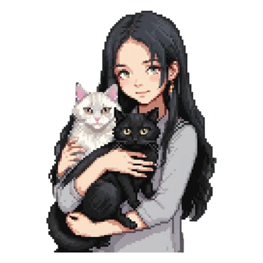 Beautiful girl with long black hair hugs a gray and blond mixed breed cat sticker
