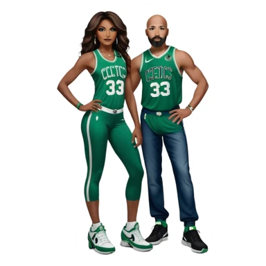 black woman and white man: 48-year-old black woman with brown eyes, long dark brown balayage hair dressed in sexy 
celtics jersey costume outfit and stilettos with bald white man with Ginger beard and blue eyes, in a Jason Tatum Boston Celtics Jersey, jeans and matching Nike sneakers  sticker