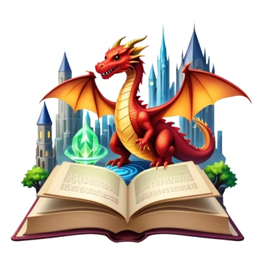 Icon for Fantasy and Science Fiction: a magical book with glowing pages, surrounded by a dragon, a spaceship, a wizard’s staff, and a futuristic cityscape. The icon should capture the adventure, magic, and imagination of fantasy and sci-fi worlds. Transparent background. sticker