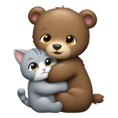 brown bear cub hugs gray cat sticker