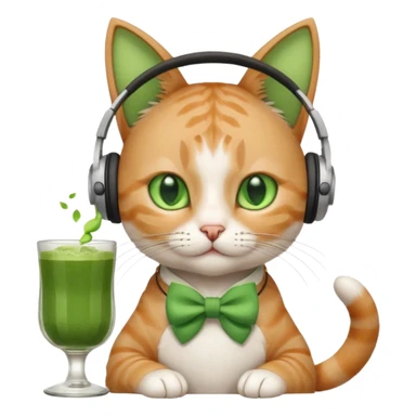 A cat wearing headphones with a glass of matcha, a bow on his ear sticker