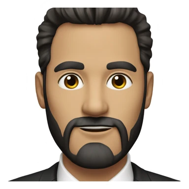 A man in late 30s with dark brown hair and dark brown eyes and a black suit and straight hair to the right and beard sticker