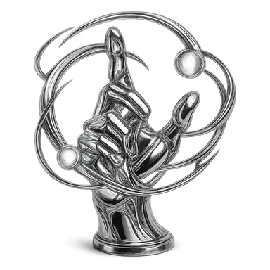 hand casting a spell, swirling metallic energy, glowing orbs, highly reflective chrome style sticker