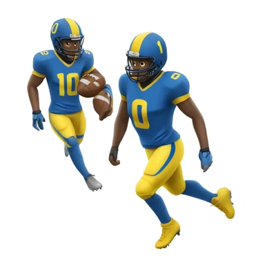 Football player wearing blue and yellow with number 10 sticker