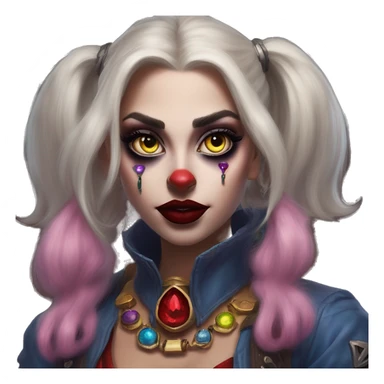 Warcraft gem collector in Harley Quinn style, oil paint, mysterious eyes, intricate lips, masterpiece portrait, odd perspective, beautiful, desirable, logical sticker