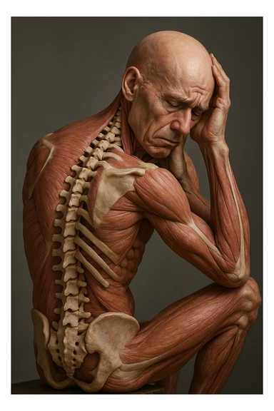 CORPO UMANO ANATOMICO con spina dorsale in evidenza, molto stanca e stressata mentre si tiene le mani sulla testa, IPERREALISTICO 4K sticker