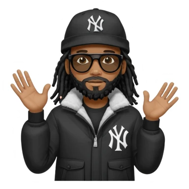 African American man with shoulder length black dreadlocks with black beard wearing black sunglasses wearing a black bubble winter coat wearing a New York Yankees baseball hat with his hands out sticker