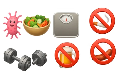 emoji stile iphone di: due batteri intestinali felici, una bowl di insalata, una bilancia pesapersone, manubri da palestra, e un boccale di birra con divieto 3d sopra, una sigaretta con divieto 3d sopra e un wurstel con divieto 3d sopra, fluttuano in aria, iperrealistico 4k sticker