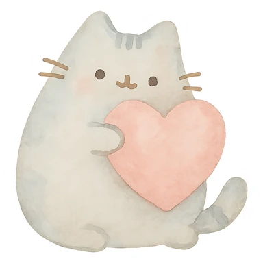 Pusheen hugging a big heart, pastel colors, adorable, watercolor art style sticker