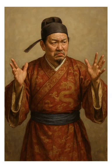 Сгенерируй азиата в национальном средневековым китайском костюме, он чуть недоволен и размахивает руками, в стиле реалистичной живописи. ОН ПОЛНОСТЬЮ ПОМЕЩАЕТСЯ НА ИЗОБРАЖЕНИЯ И НЕ ОБРЕЗАЕТСЯ ЕГО КРАЯМИ. На однородном фоне sticker