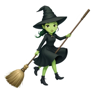Elphaba, green witch with black hat and long black dress riding a broomstick sticker