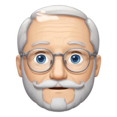 Create me an emoji of an old man. Gray really short size hair. Gray follow-up full beard. Squarer Glasses. Blue eyes. Little smile sticker
