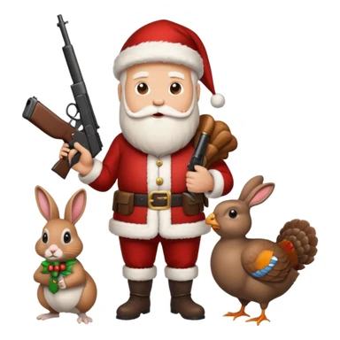 Santa holding a gun, a rabbit, and a turkey sticker