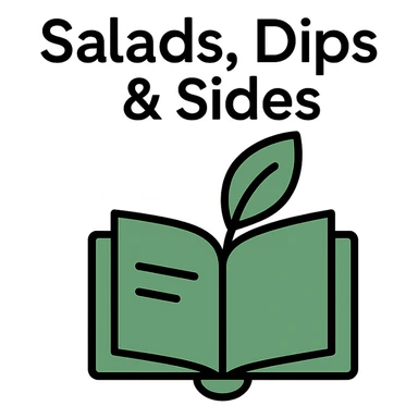 Add the title 'Salads, Dips & Sides' in a clean, modern font above the green minimalist logo with leaf and book icon on the cookbook background. Keep the text readable and harmonious with the design. sticker