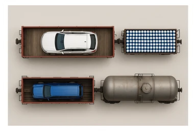Вид строго сверху (top-down). Реалистичный грузовой поезд из трёх вагонов.
Вагон 1: внутри одна большая белая машина Chevrolet (без логотипов и без каких-либо надписей).
Вагон 2: много одинаковых банок синего цвета, похожих на напиток Pepsi, уложенных плотными рядами, но без логотипов и надписей.
Вагон 3: железнодорожная цистерна для газа, полностью реалистичная, без надписей, без маркировки, без символов.
Ничего не обрезано, весь поезд полностью помещается в кадр сверху. Чистый нейтральный фон, без окружения. Максимальная реалистичность, ровный свет. sticker