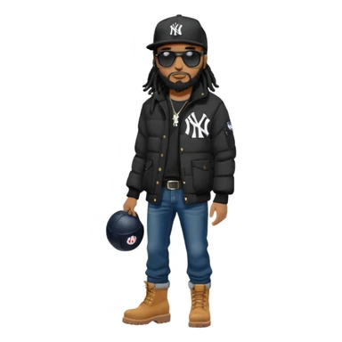 African American man with shoulder length black dreadlocks with black beard wearing black sunglasses wearing a black New York Yankees logo baseball cap wearing a black bubble winter coat wearing denim skinny jeans and Timberland boots with on hand in his pocket sticker