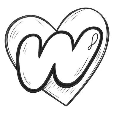 chubby cartoon-style Wattpad logo 'w' with thick contour, soft shadows and glossy highlights, single large heart behind the logo sticker