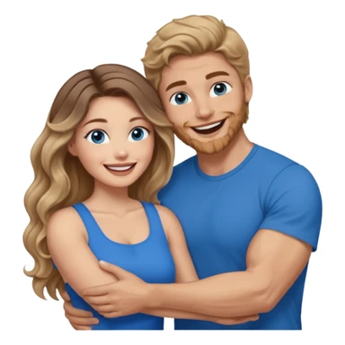Women with blue eyes and very long, brown blond balayage curled hair in the arms of a man with strong arms a straight face, a very sexy man blue eyes. They are laughing at each other. He has short brown hair and is light skinned  sticker