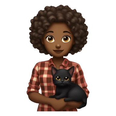 a brown skin girl with curly hair holding a black cat with an plaid color  sticker