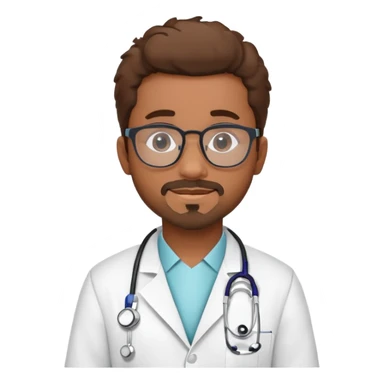 Alfredo should be a brown skin doctor, wearing a white coat and his name Alfredo on the lab coat.. He should also have a stethoscope around his neck. Show  alfredo as a cartoon like image, an avatar. add some great hair and glasses. Also,  give him a goatee. sticker