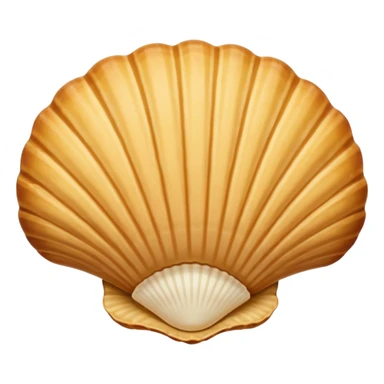 A madeleine pastry. Oval seashell shape with ONLY four to five vertical lines going in the same direction. Light golden brown. Scalloped edge. Cookie. Flat. Long. Oval shape. Lets scallops. Only four or five scalloped lines. Oblong shape. More length. Less roundness. More vertical length sticker