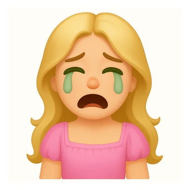 Edit the image to depict a long-haired blonde with swamp eyes wearing a pink pastel dress, in the style of iOS emoji. Match all features from the reference image but change the emotion to crying. sticker