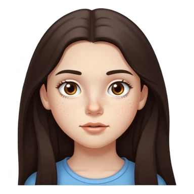 A 12-year-old girl with very long dark brown hair, light brown eyes, thick eyebrows, slightly big lips, with only two freckles - just one small freckle on her cheek and one small freckle under her eye sticker