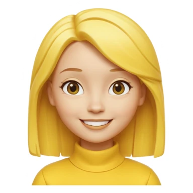A 3D cartoon female character fully in yellow tones — skin, hair, and outfit all yellow — smiling gently, medium-length hair, cinematic Memoji-style rendering, cohesive with other yellow character sticker