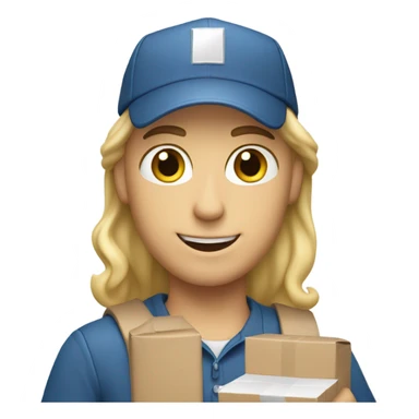 white mail carrier with blond hair and with a package wearing a white cap sticker