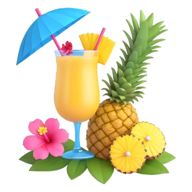 a pineapple and a vibrant tropical fruity blue cocktail with hibiscus, pineapple slice, and paper umbrella garnish sticker