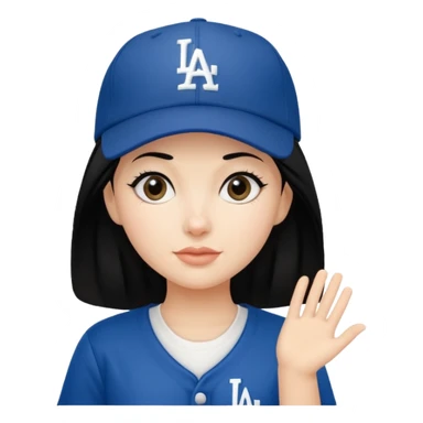 Can you make an emoji of a girl with fair skin with black hair wearing an LA dodger hat sticker