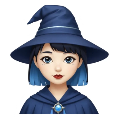 an asian short haired girl with light blue highlighted short raven hair with bangs, with her silver left eye and dark brown right eye, with black cat eyed style eyeliner, and smirk of natural toned lipstick, with dark navy wizard hat with moon emblem on his hat. sticker