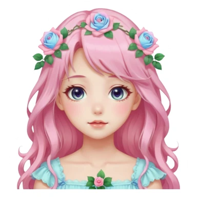 Gorgeous pastel anime style lady with blushing face and roses cottagecore fairycore pastelcore shiny colorful pearly aesthetic trending style sticker