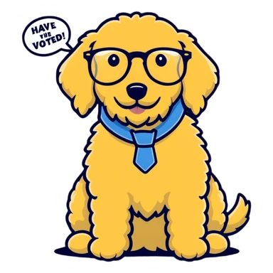 Golden doodle with eyeglasses and saying” have the day you voted for” sticker