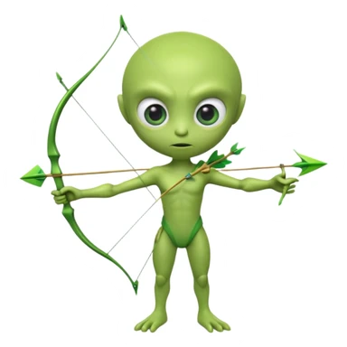3D emoji-style green alien holding a bow and arrow, glossy texture, smooth skin, large expressive eyes, small humanoid body, minimalist background, soft lighting, Pixar-style rendering, high detail, cute but slightly serious expression, clean centered composition. sticker